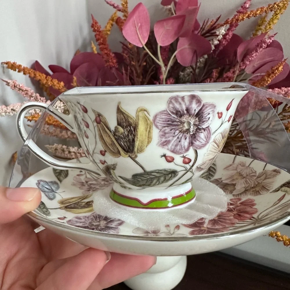 Grace teaware Fine Porcelain Floral Teacup and‎ Saucer Set NeW